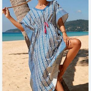 Blue and White Chevron Swim Side Slit Drawstring Cover-Up